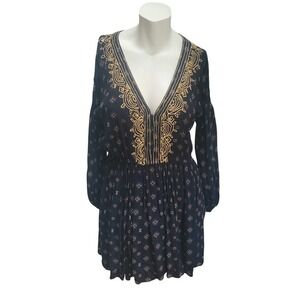 Volcom Black Embroidered‎ V Neck Long Sleeve Mini Dress Large